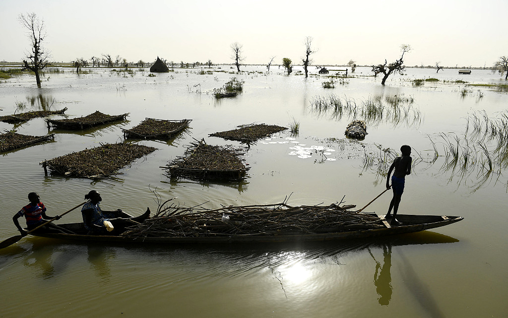 当地时间2023年2月7日，南苏丹本提乌，人们用小船运输柴火。南苏丹连续四年遭受洪水灾害，已至淹没南苏丹三分之二的土地。
