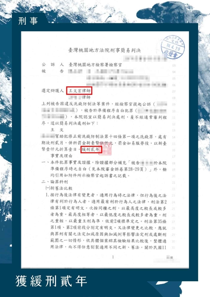 本所當事人因輕信網路上的投資兼職機會，遭詐騙集團誘騙而提供自身帳戶，未料因此捲入刑事案件。該帳戶旋即被不明人士利用收取詐騙款項，檢警調查發現其郵局帳戶涉及兩起詐騙案，合計收受新台幣10萬元後被集團成員迅速提領一空，當事人遂被依幫助詐欺與幫助洗錢之嫌移送偵辦並遭起訴。

面對突如其來的刑事追訴壓力，當事人立即委任本所律師處理。律師詳細了解整體案情後指出，當事人並未實際參與詐騙過程，亦未提領或支配資金，僅因年輕失慮、受騙誤信他人而提供帳戶資料，從未獲取任何不法利益。辯護人強調，雖帳戶被用於詐騙與洗錢，但當事人本身並無犯意，亦於法院審理階段坦承錯誤，並積極與被害人協商達成調解並獲得原諒。

本所律師並援引刑法及修正前後之《洗錢防制法》相關規定，協助法院釐清最有利於當事人的法條適用，指出其行為應屬從一重罪處斷之想像競合犯，且為幫助犯依法可減輕其刑。法院審酌當事人犯後態度良好、素行尚可，並考量其具自新之可能性，最終裁定判處有期徒刑兩月、罰金五千元，並宣告緩刑二年，免除其服刑風險。

本案再度反映「提供帳戶」在現今司法實務中所蘊含之高度風險。即使當事人未直接參與詐術行為，也可能因帳戶被用於詐騙金流而承擔刑責。所幸經由律師專業介入與具體辯護策略，成功爭取緩刑，讓當事人有重啟生活的機會。