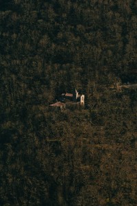 aerial photo of a building sitting within a dense forest 一座建筑在密林中的空中照片