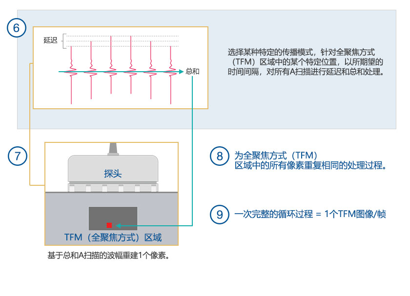 （6）會(huì)隨著延遲和總和處理而變化的A掃描。（7）全聚焦方式（TFM）的圖像重建。