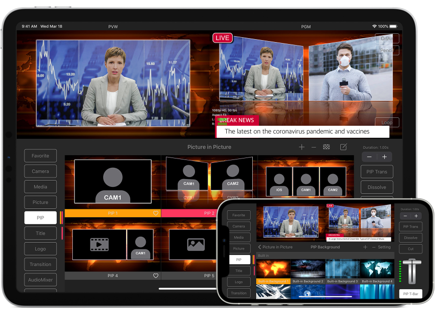 TopDirector Picture in Picture feature, Live Production for NDI on iOS & iPadOS for MultiCam Switcher and Live Stream