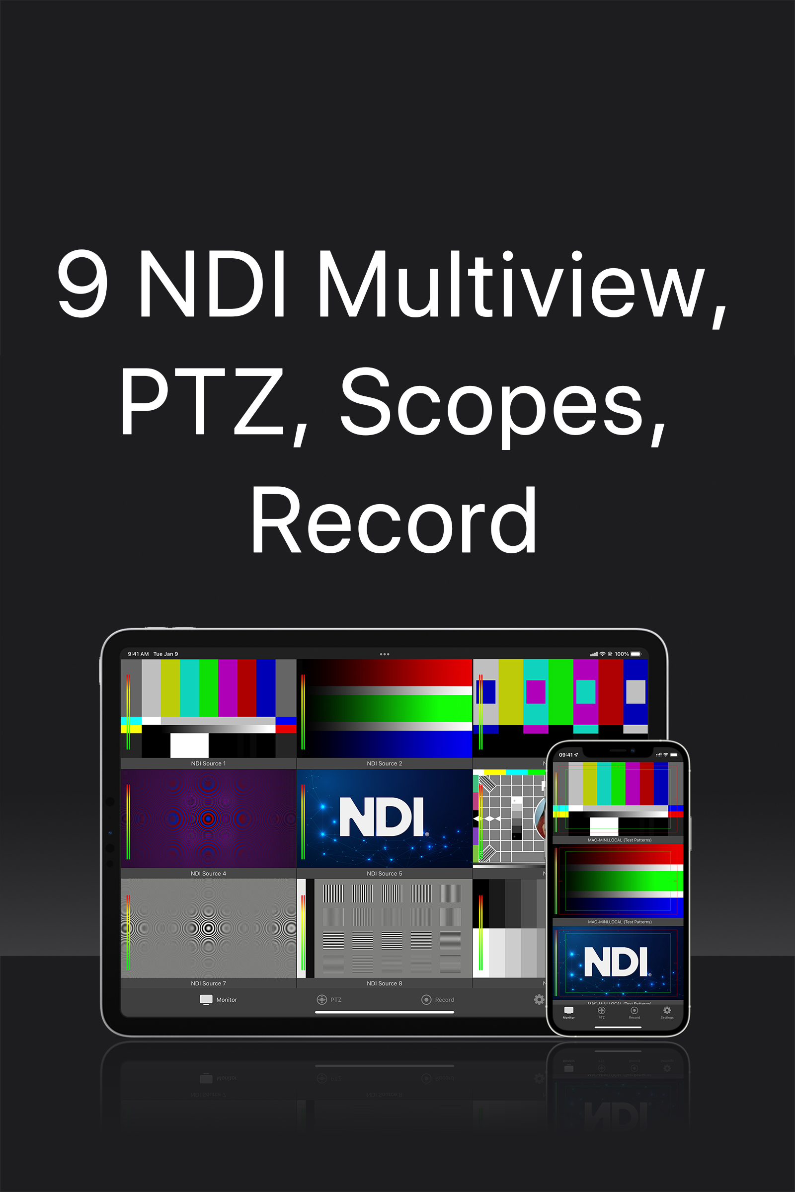 TopDirectorView NDI multiview, PTZ control, Record, Video scopes
