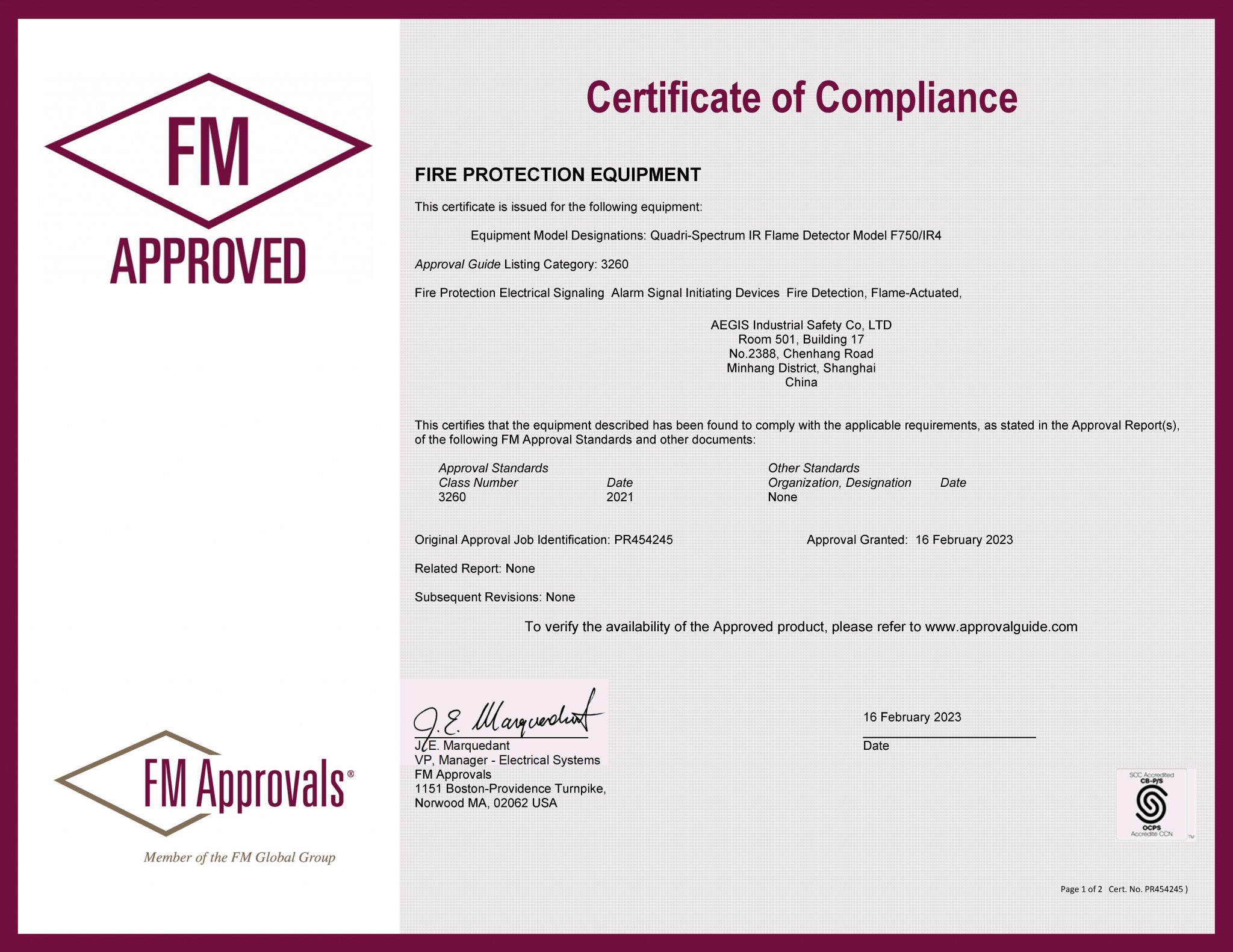 FM Approvals证书