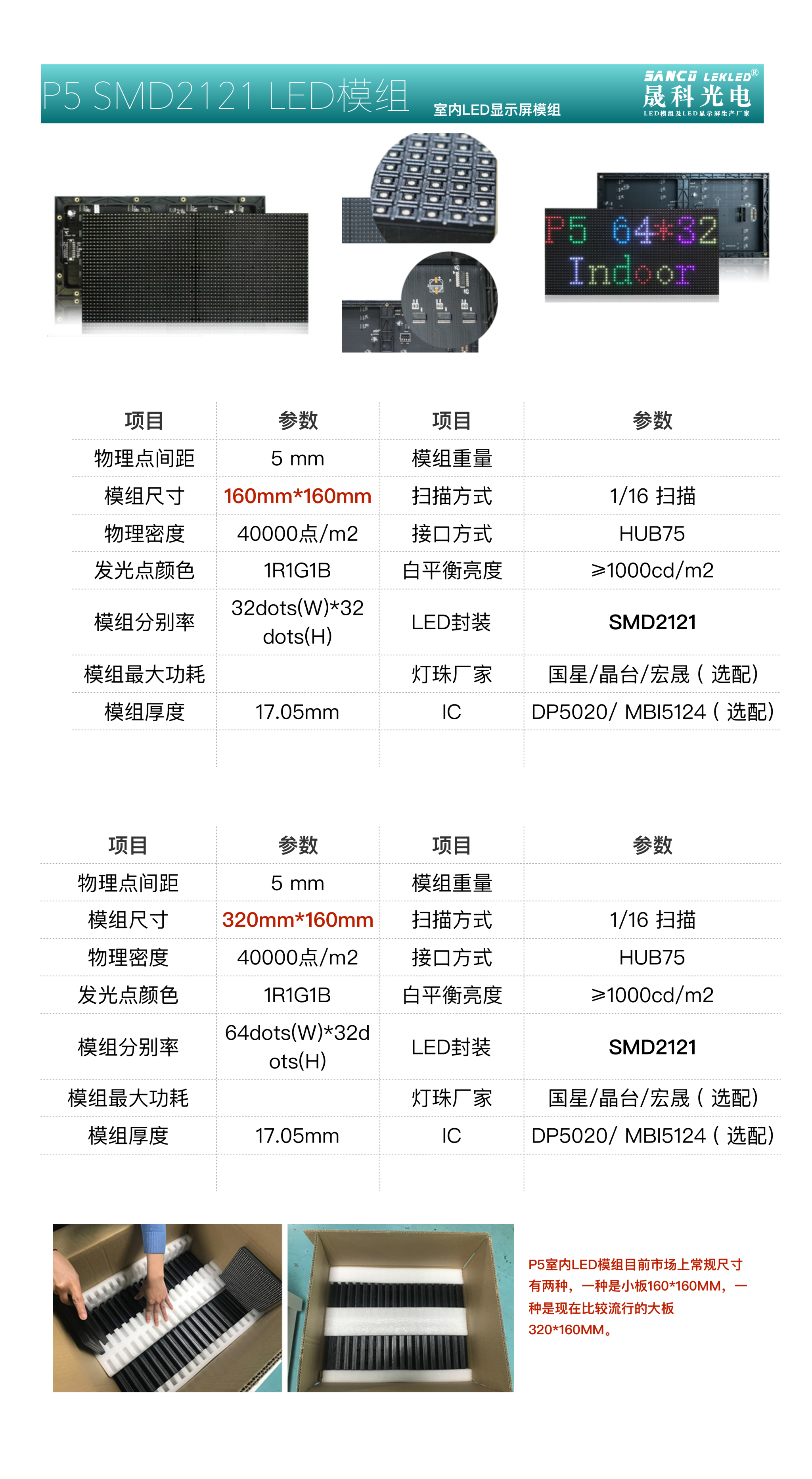 晟科P5 SMD2121 LED模组参数
