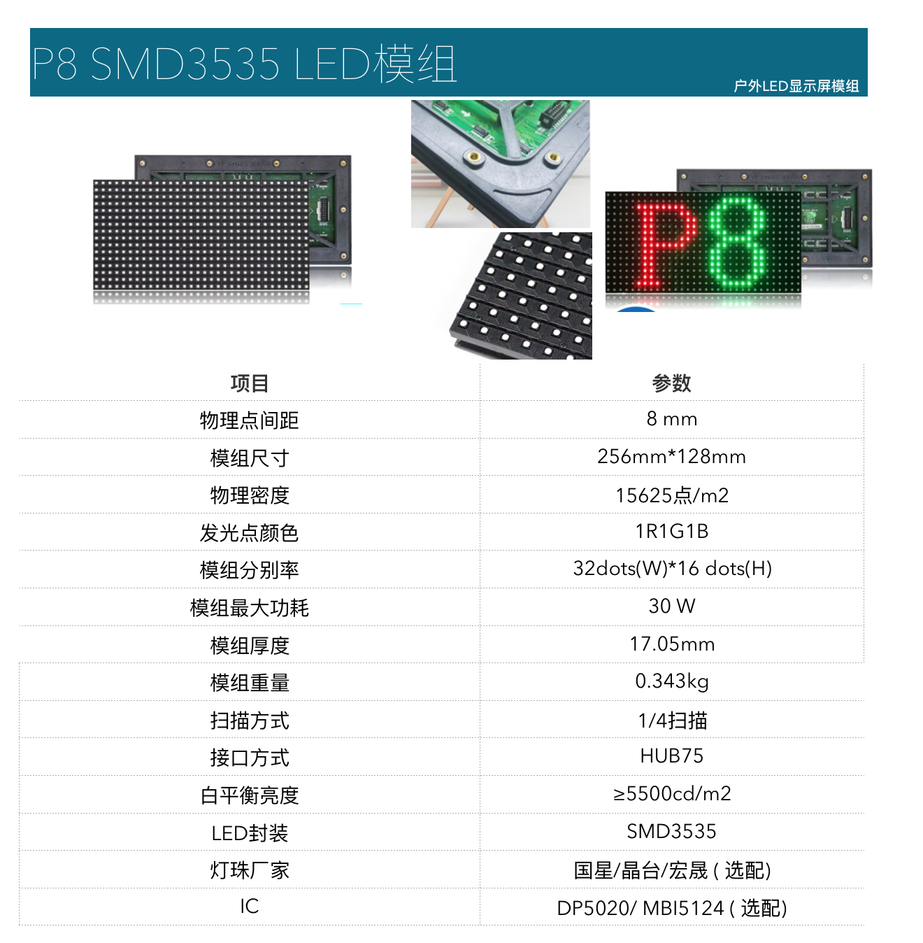 晟科P8 SMD3535 LED模组参数表