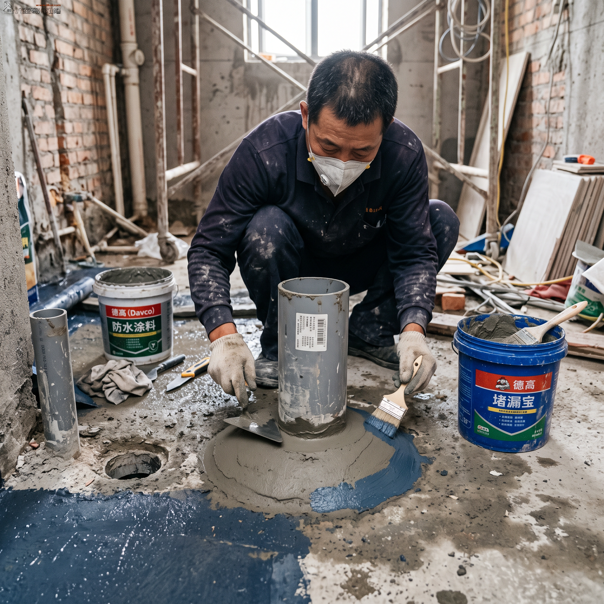 防水施工师傅正在进行卫生间管道根部防水附加层施工