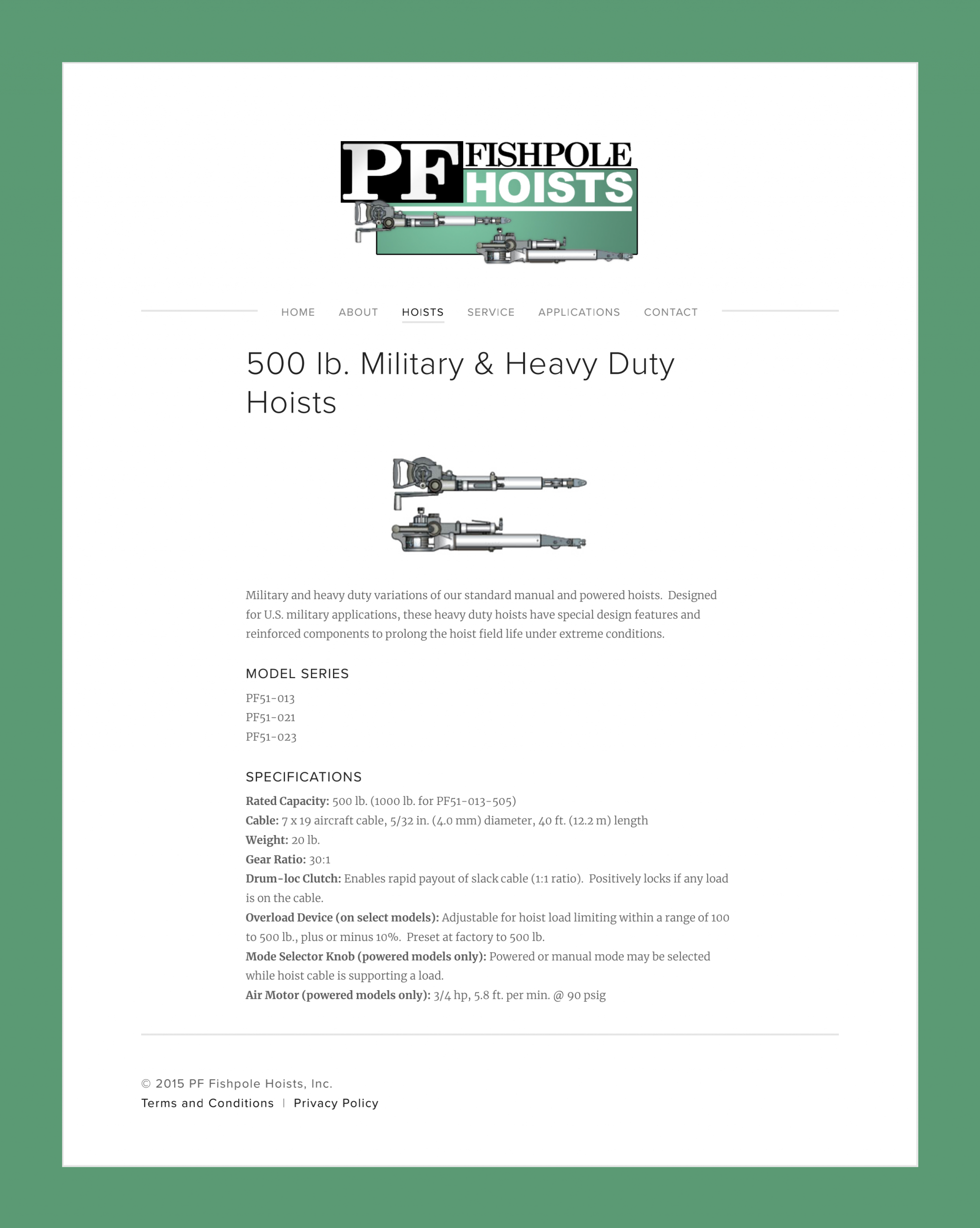 500 lb. Military & Heavy Duty Hoists — PF Fishpole Hoists, Inc._00