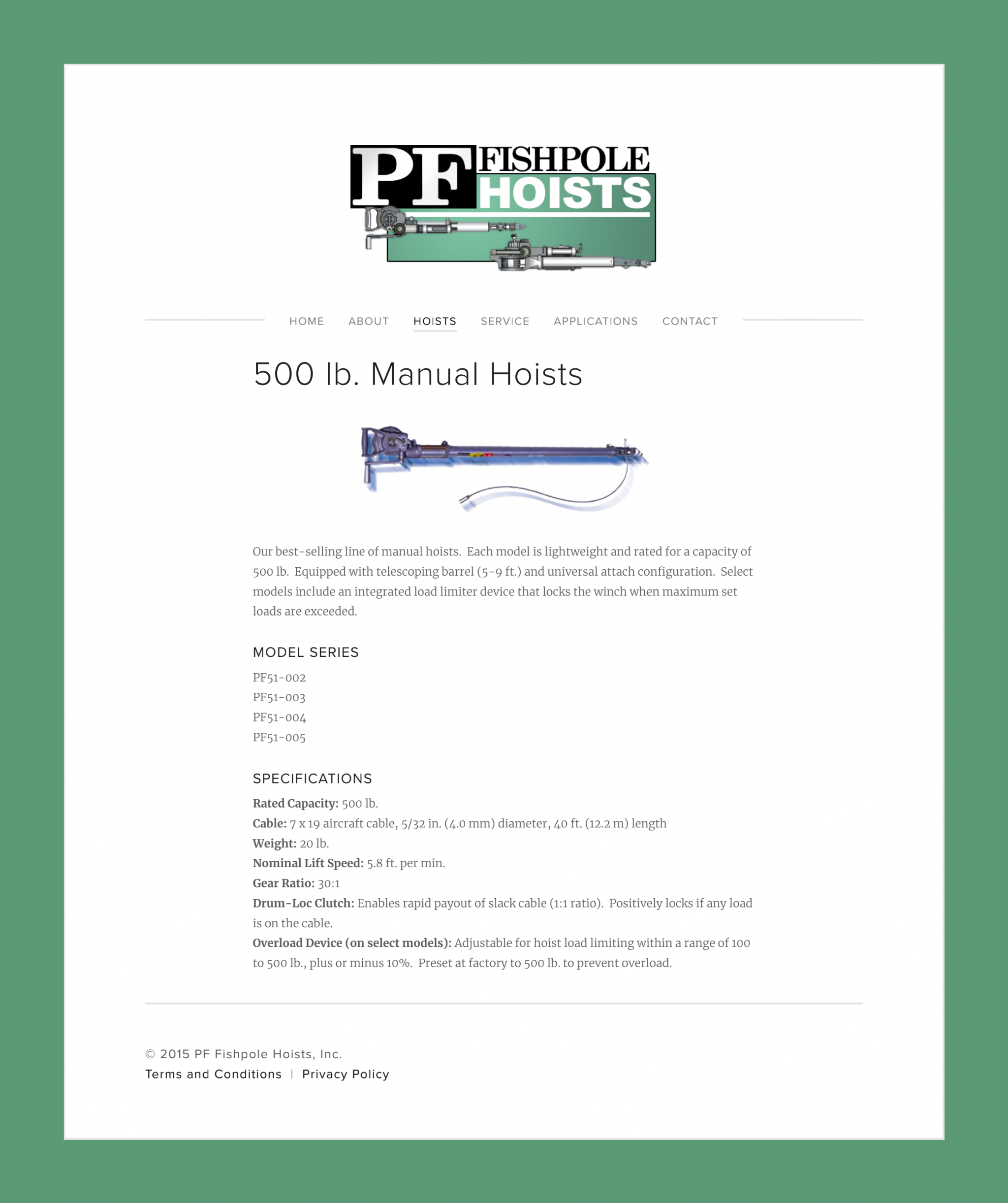 500 lb. Manual Hoists — PF Fishpole Hoists, Inc._00
