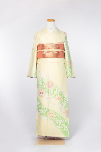 祇园本店-清新访问服-绿黄/唐花,材质:化纤, 尺寸:L