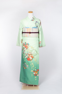 祇园本店-清新访问服-緑/花－扇子-箱,材质:化纤, 尺寸:L