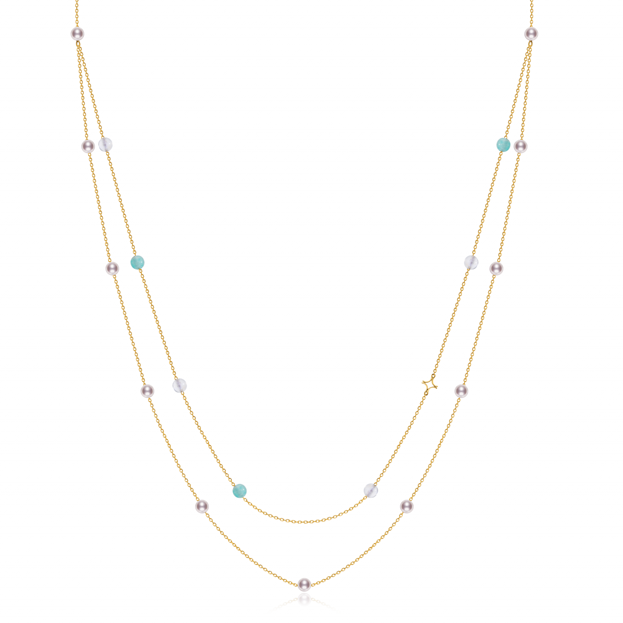 18K黃金大小AKOYA珍珠月光石天河石雙層項鏈